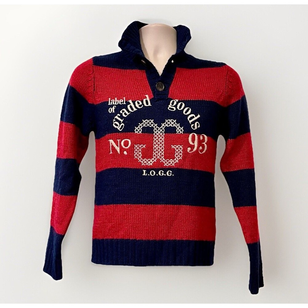 LOGG GG Logo Wool Mock Neck Fisherman Sweater Boys 11/12 Blue Red Coastal Preppy